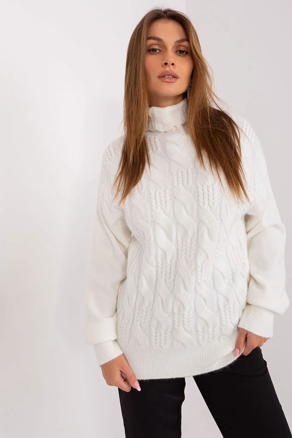 Pull col roulé femme tricot épais motif torsadé blanc pur manches longues poignets côtelés