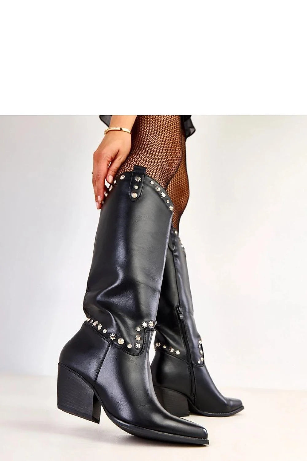 Bottes cowgirl femme hautes genou tige 35cm cuir synthétique lisse talon bloc 7cm doublées zippées rivets argentés rock