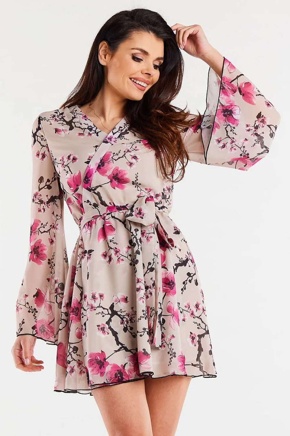 Robe de printemps florale manches longues ceinture ajustable polyester léger femmes occasionnels élégance intemporelle