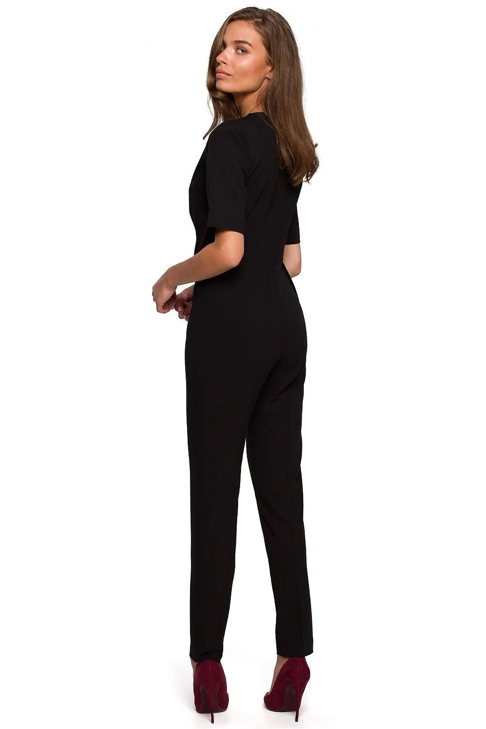 Combinaison élégante en polyester noir croisé pour femmes modernes, manches courtes, occasions spéciales, ajustée