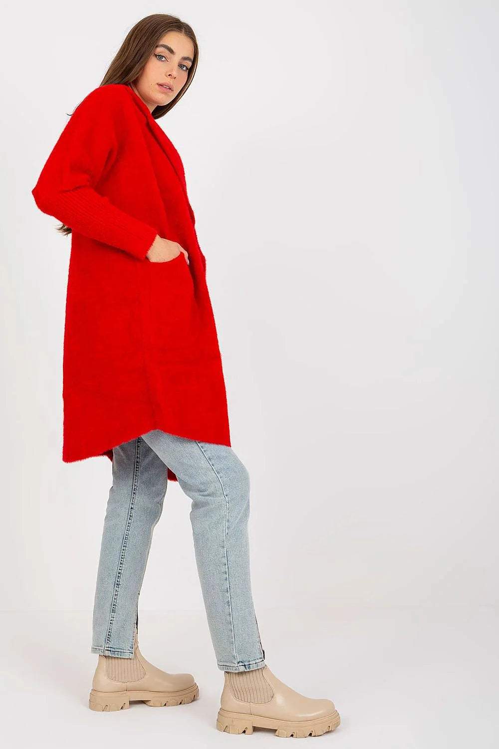 Manteau pour femme élégant long oversize couleur rose antique laine bouclée poches en patch coupe moderne style intemporel