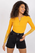 chemisier Rue Paris coton extensible côtelé jaune moutarde manches longues dentelle florale poignets ajusté décolleté boutonnage boutons métalliques élégant flatteur