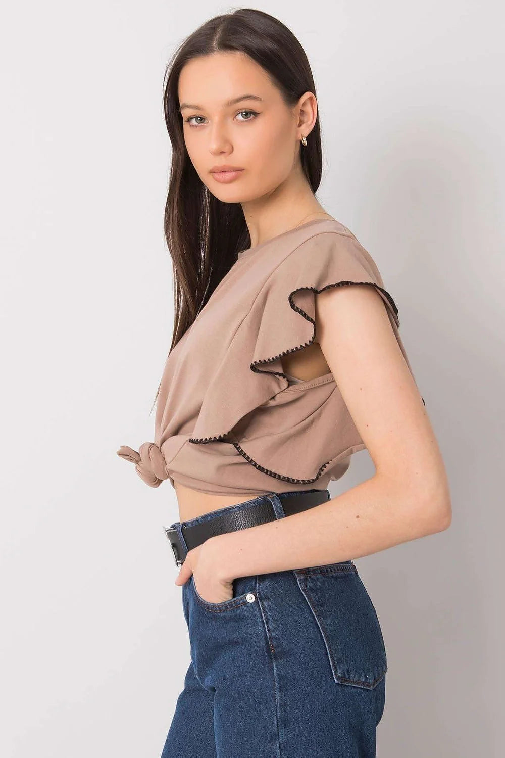 chemisier fancy élégant manches volants coton stretch confortable respirant coupe ample fluide col rond finition noire contrastée polyvalent féminin