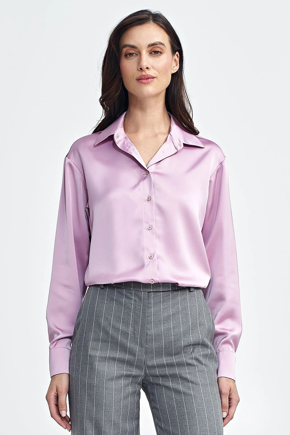 Chemisier pour femme classique en satin rose pastel manches longues col traditionnel coupe ajustée confortable