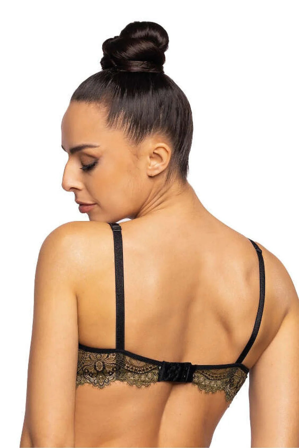 balconnet pushup dentelle bicolore doré noir rembourré armatures galbé décolleté plongeant festonné noeud central bretelles réglables agrafes glamour sophistiqué