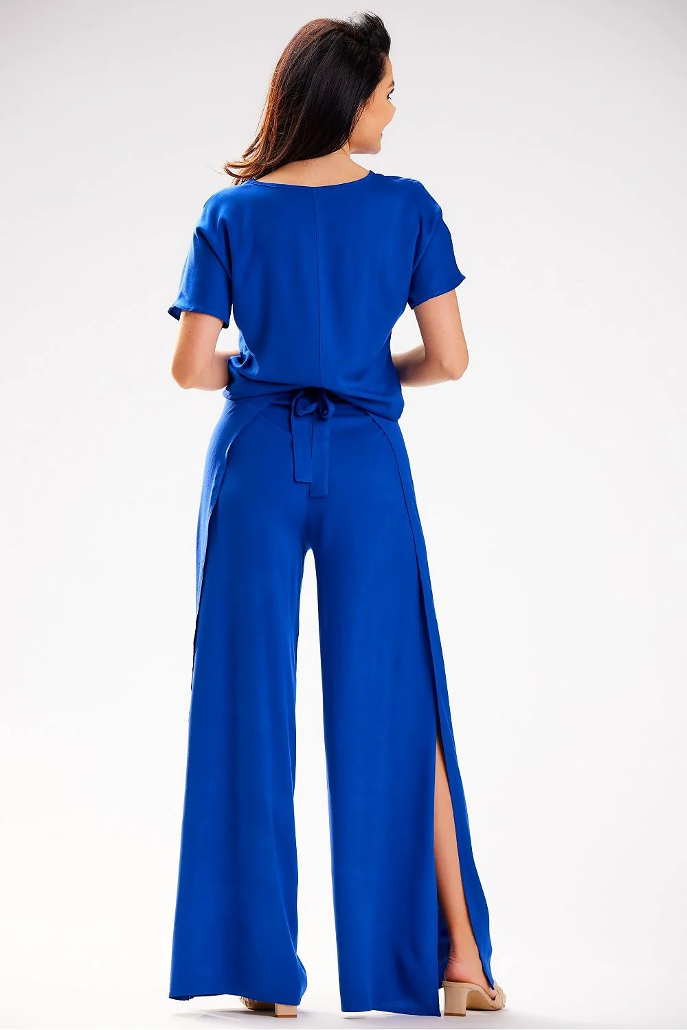 Combinaison femme élégante contemporaine bleu roi manches courtes ceinture ajustable polyester viscose