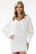 robe soirée mini sequins manches longues batwing col V blanc scintillante ajustée blousante jupe crayon velours élégante sophistiquée