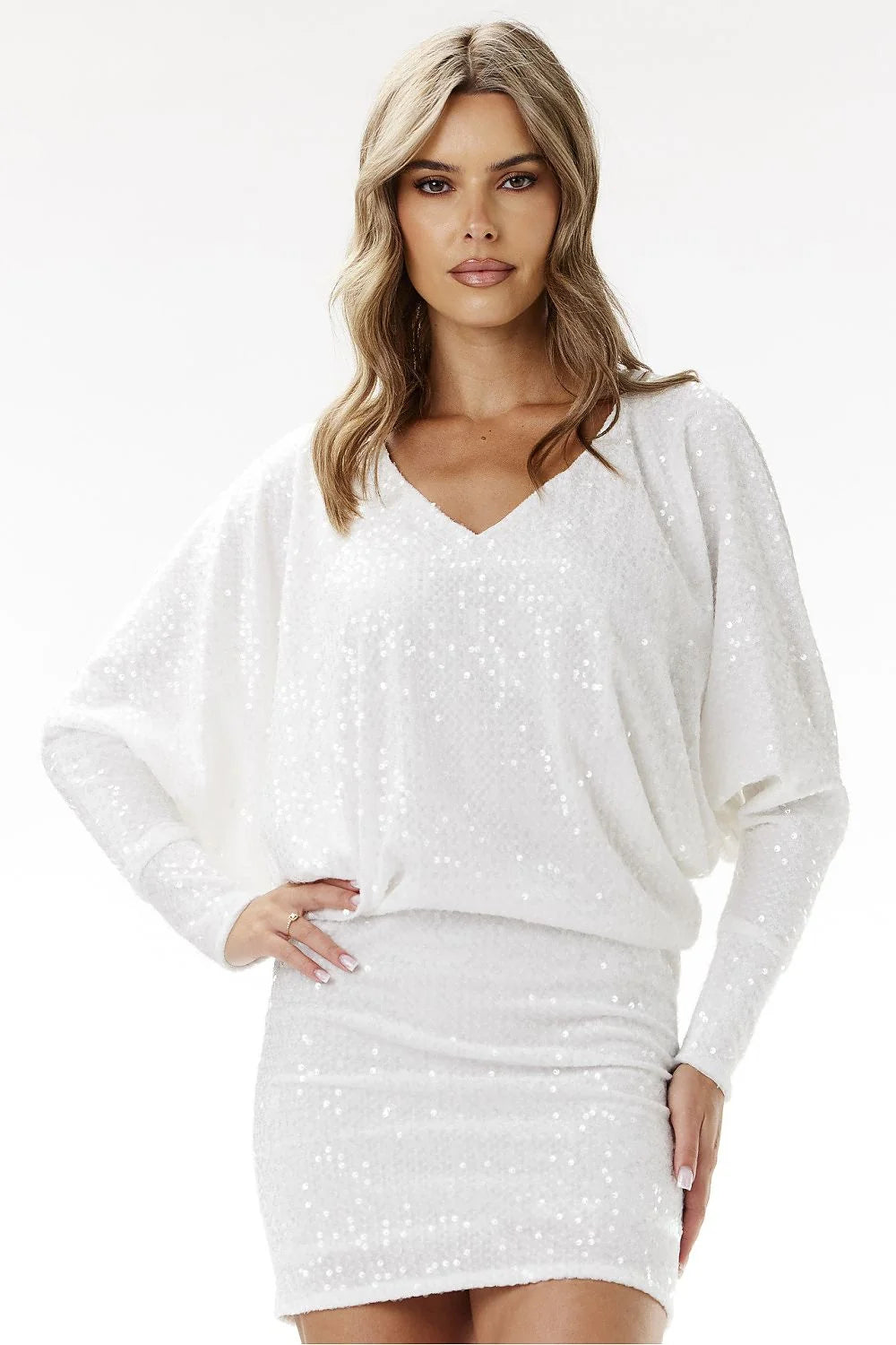 robe soirée mini sequins manches longues batwing col V blanc scintillante ajustée blousante jupe crayon velours élégante sophistiquée