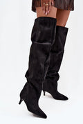 cuissardes femme suédine écologique noir tige haute slouchy slipon facile ajustée confortable bout pointu talon kitten 6cm finition velours soyeux