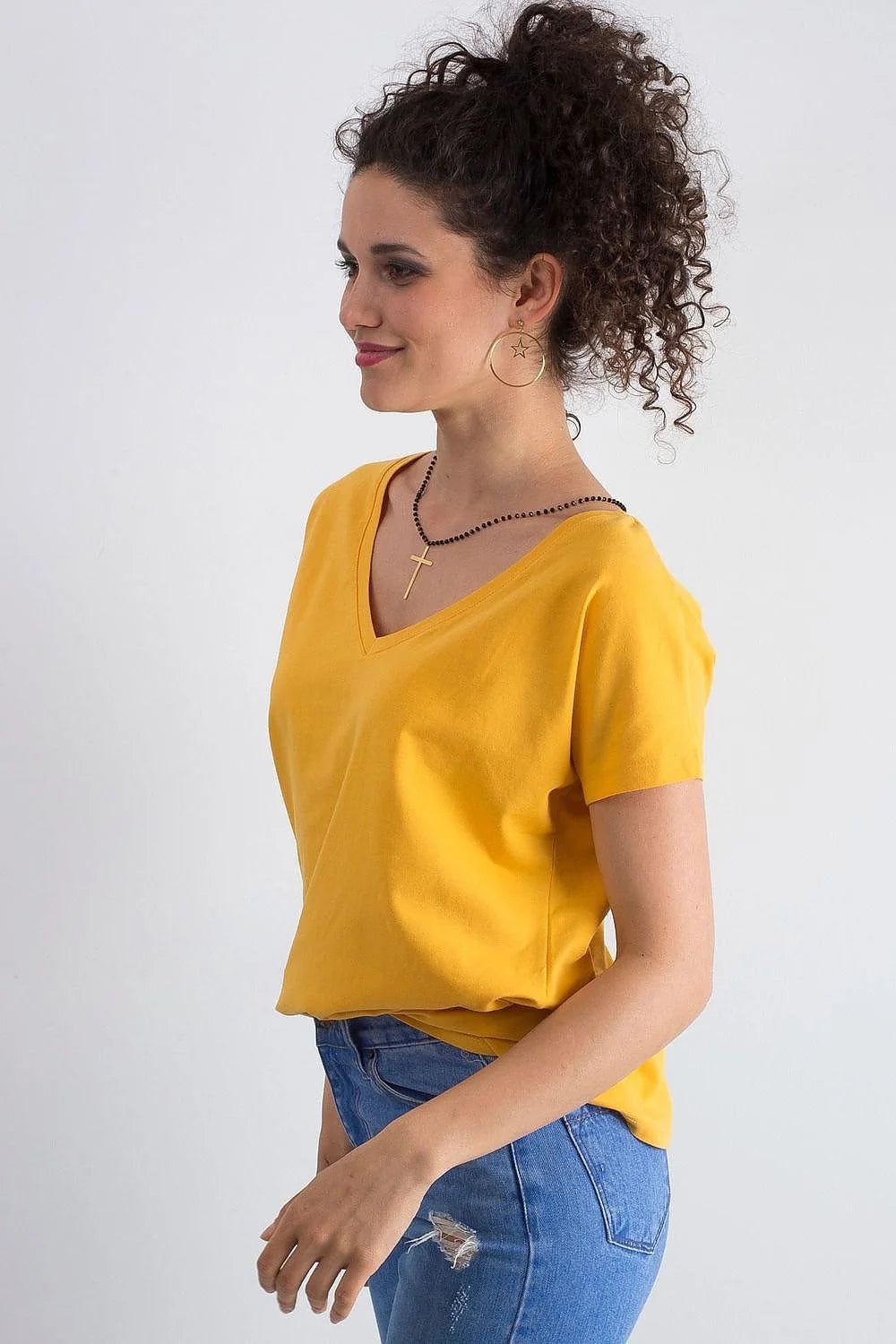 T-shirt femme loose manches courtes col V couleur verte vif coton elastane taille ajustable S M L XL XS