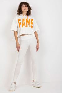 Ensemble sportif moderne coton élasthanne blanc inscription famé crop top leggings taille haute femme