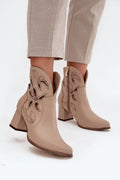 bottines femme cuir naturel beige ajourées floral broderie bout pointu talon bloc moyen tige mi mollet fermeture éclair latérale dorée
