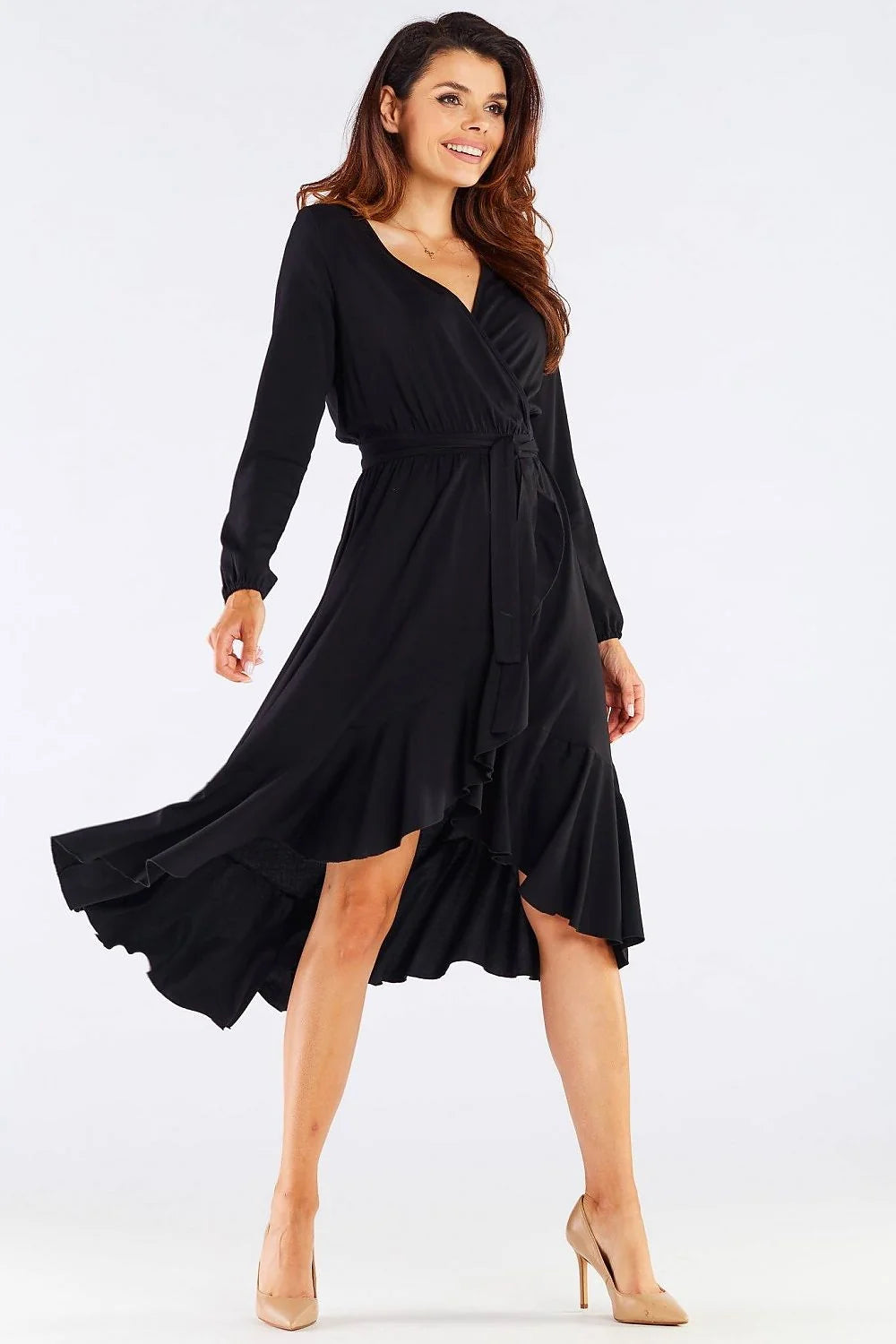 robe cocktail élégante viscose bordeaux portefeuille midi cintrée ceinture intégrée manches longues asymétrique volants cascade ourlet fluide léger