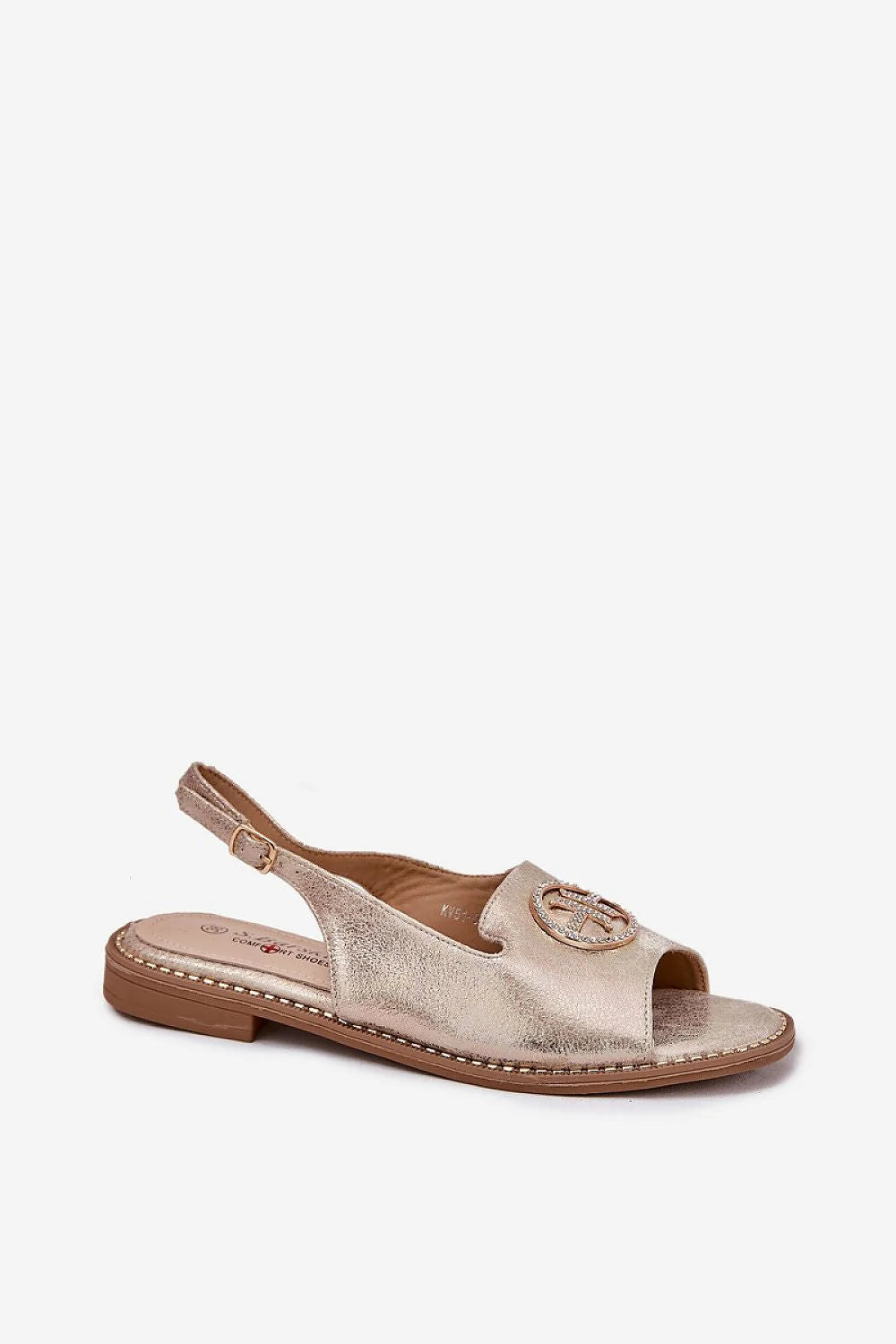 sandales femme élégantes modernes cuir métallisé doré champagne bout arrondi bride arrière boucle ajustable médaillon strass semelle plate