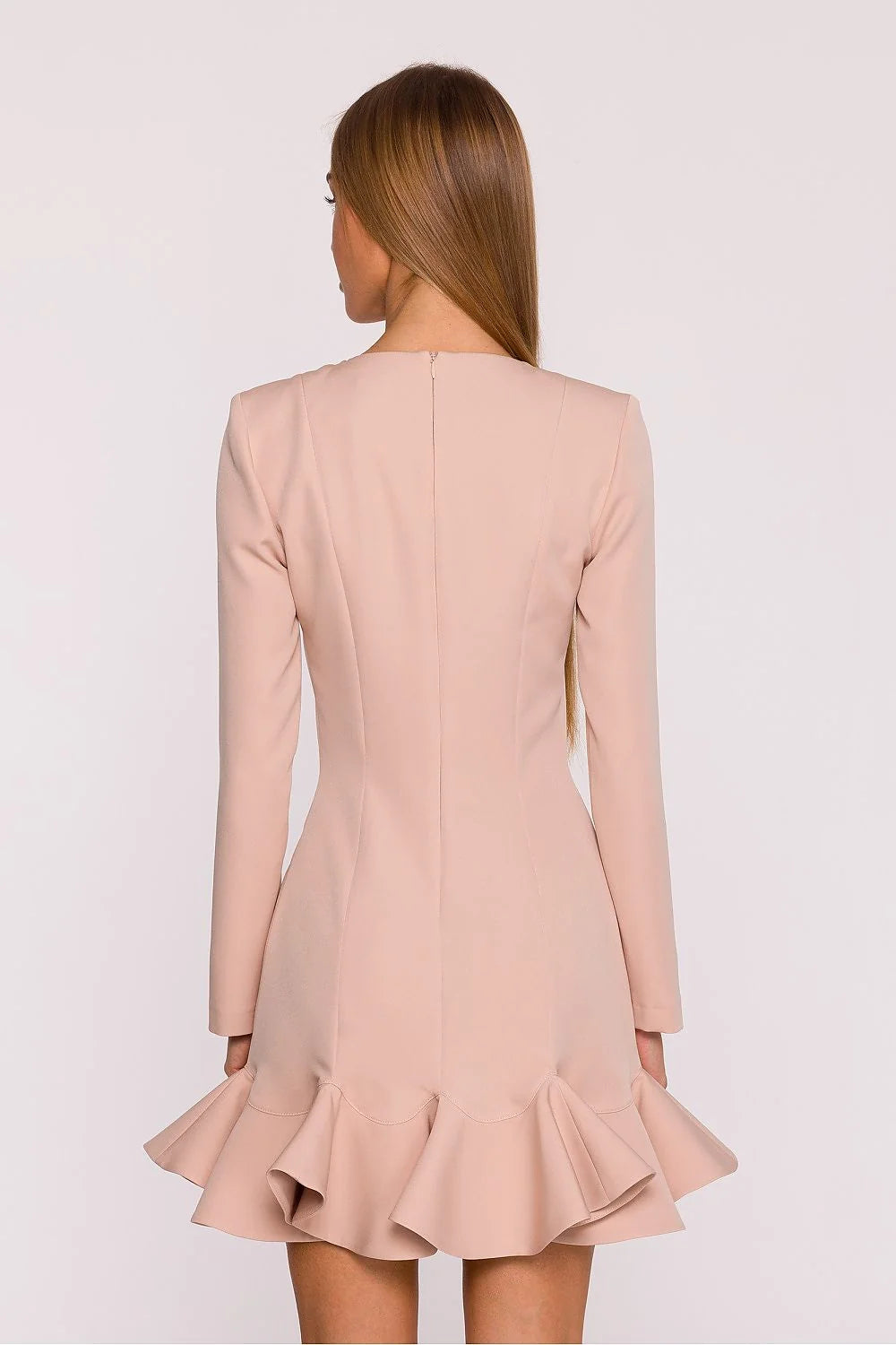 robe cocktail mini manches longues col rond coupe ajustée coutures princesse volant froncé crêpe lisse extensible