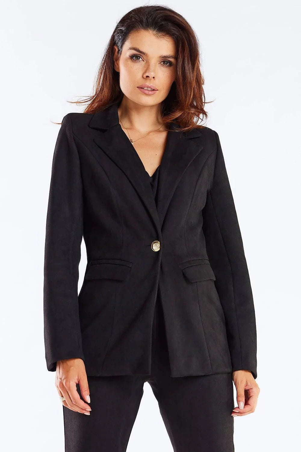 Blazer femme élégant coupe structurée style classique bouton doré col châle polyester élasthanne taille ajustable veste professionnelle
