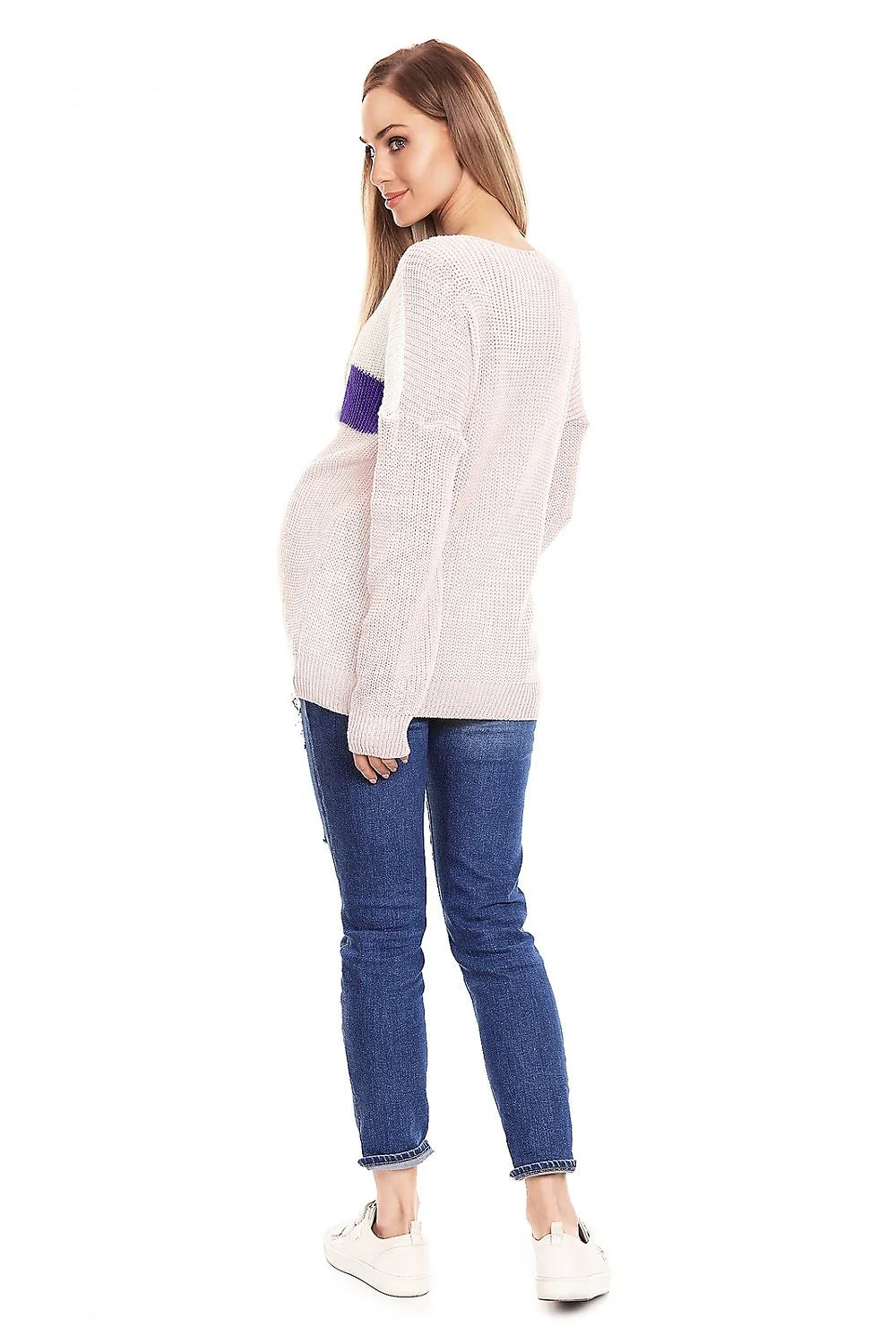 pull grossesse maternité oversize rayures horizontales colorblock bleu marine blanc gris clair col bateau manches longues maille épaisse