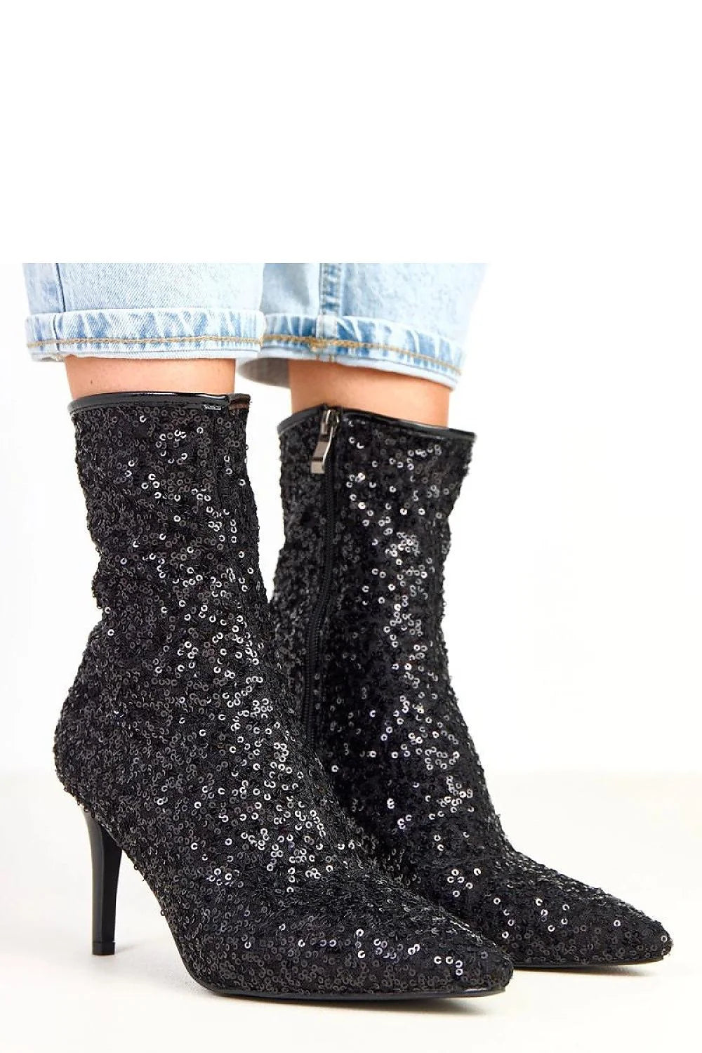 bottines pailletées noires scintillantes bout effilé talon aiguille élancé tige 18cm mimollet fermeture éclair latérale doublure confortable soirée cocktail glamour