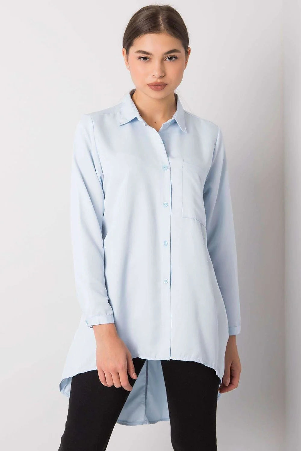 Chemise longue manches longues Ex Moda en coton bleu ciel pour femmes, style élégant et polyvalent