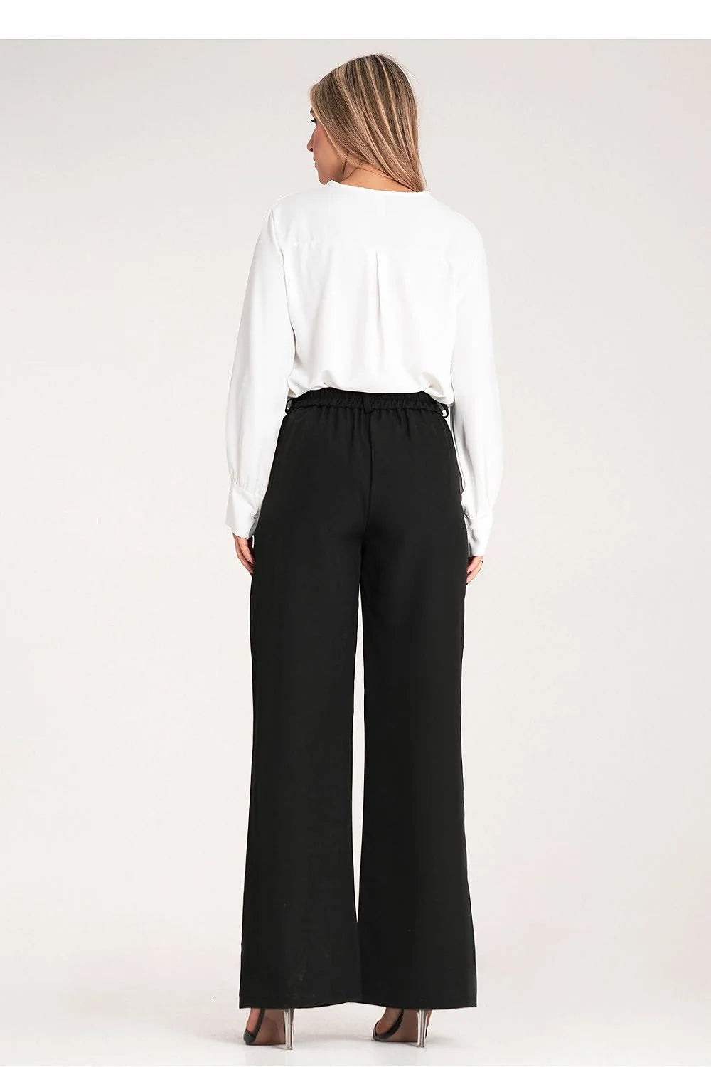 Pantalon femme Figl élégant à taille haute couleur noire coupe ample et droite élastique à l'arrière poches pratiques passants de ceinture en élasthanne 4 polyester 96 Taille S/M
