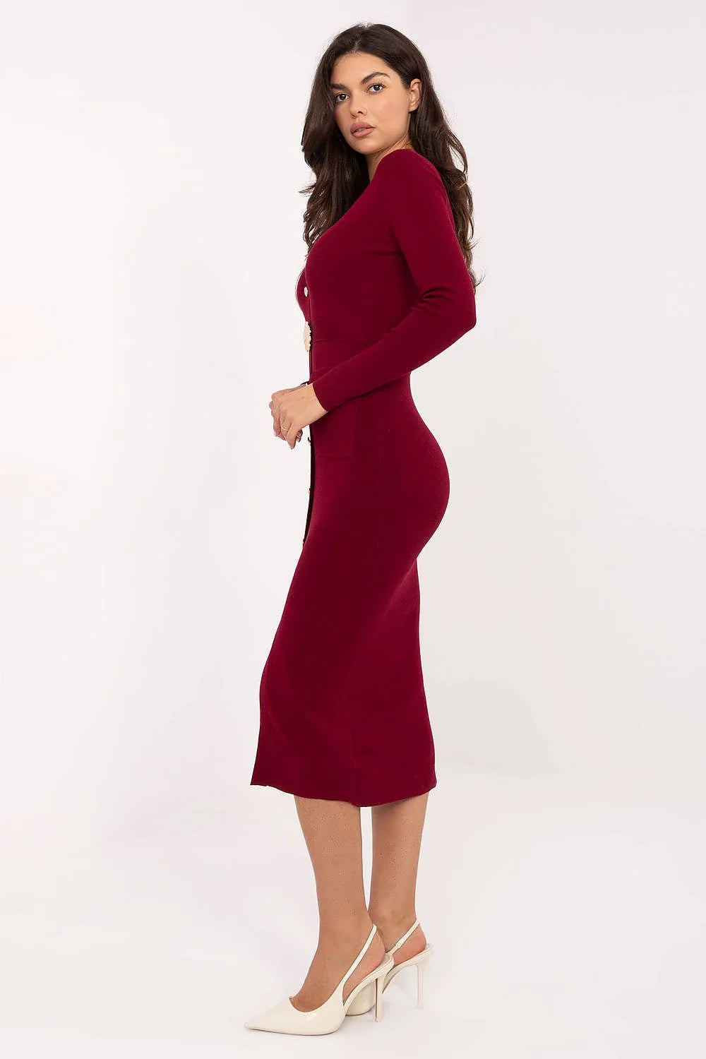robe midi viscose élasthanne bordeaux manches longues encolure V fourreau cintrée côtelée lisse boutons dorés ceinture fleurie poches fente bureau