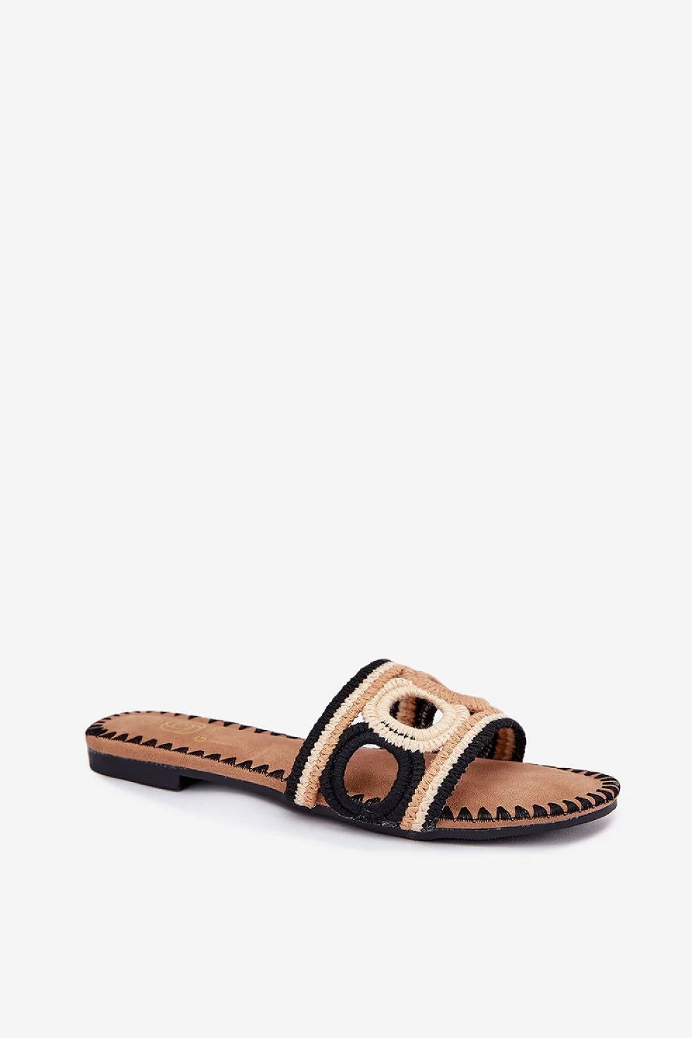sandales artisanales femme été bohème raphia tressées mules plates ajourées motifs circulaires naturelles beige noir cuir semelle surpiqûres confort respirantes