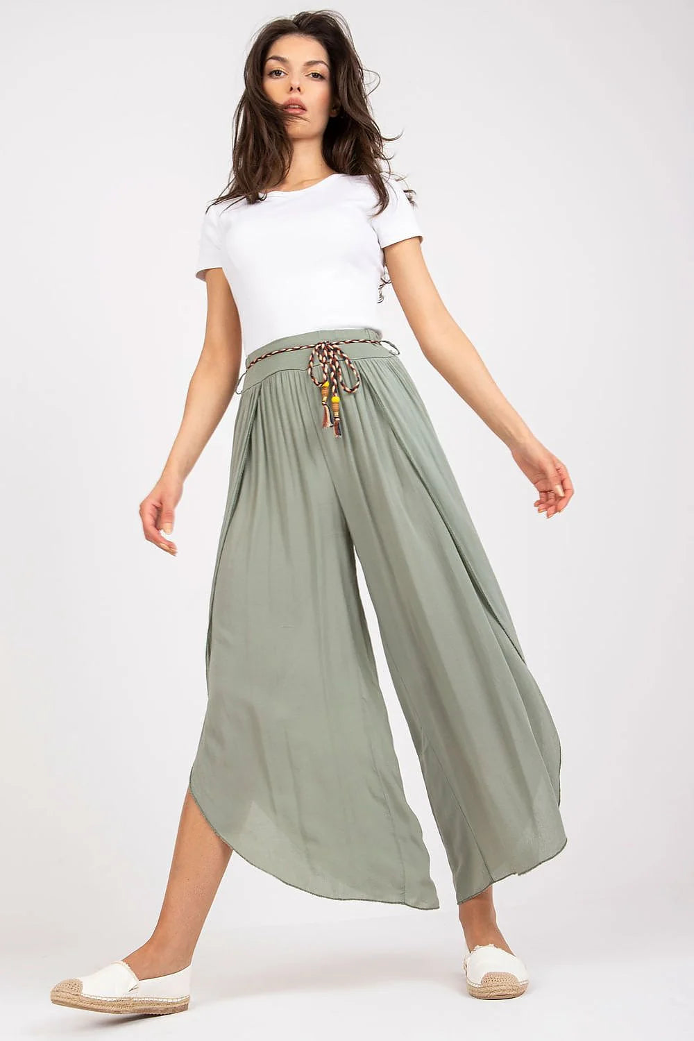 pantalon femme palazzo taille haute viscose respirante vert sauge fluide jambes larges cordon multicolore perles pompons fentes latérales bohème élégant