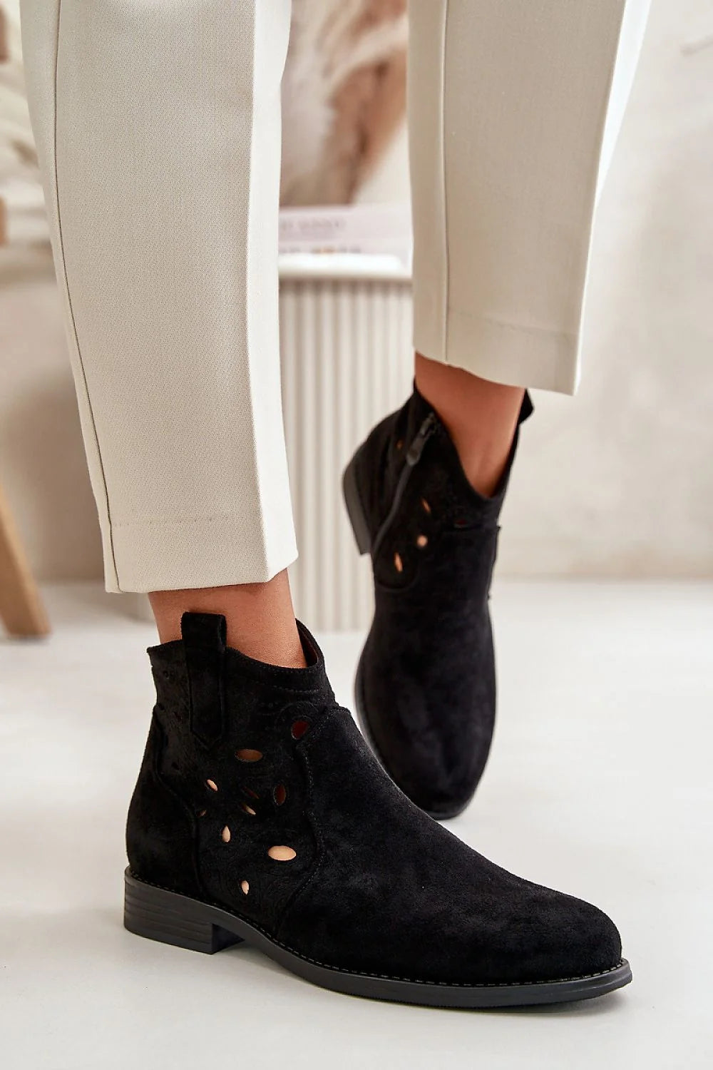 Bottes S.Barski pour femmes, design perforé, suédine écologique, talon plat, fermeture éclair, style élégant, printemps été
