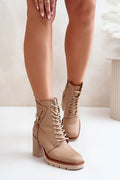 bottines femme talon aiguille haut 95mm cuir écologique beige montante cheville lacets zippée bride dorée intérieur chauffé semelle crantée