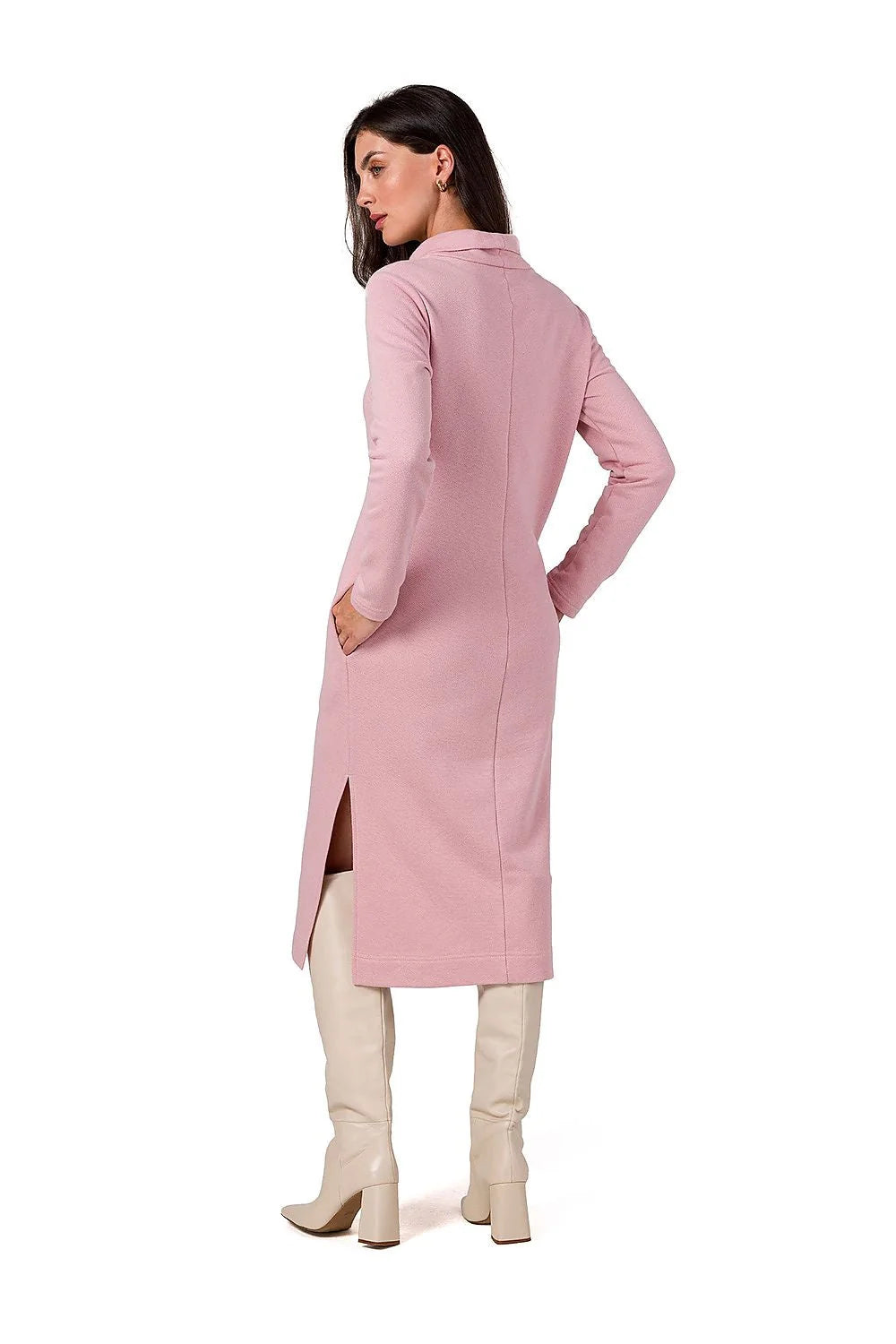 Robe de jour élégante longue manches longues col montant fente latérale couleur rose douce maille coton structurée polyvalente occasion quotidienne femme moderne