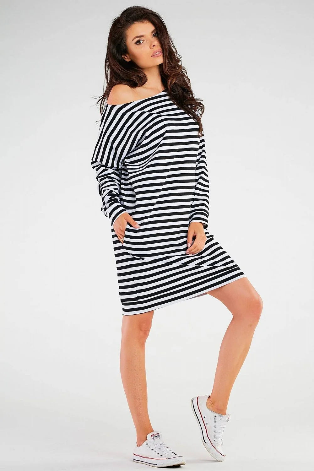 Robe de jour décontractée rayures horizontales manches longues épaules dénudées coton lycra taille ajustable femme