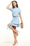 Robe asymétrique polyester chic bleu pastel manches courtes ceinture nouée décontractée pour femmes élégantes estivales