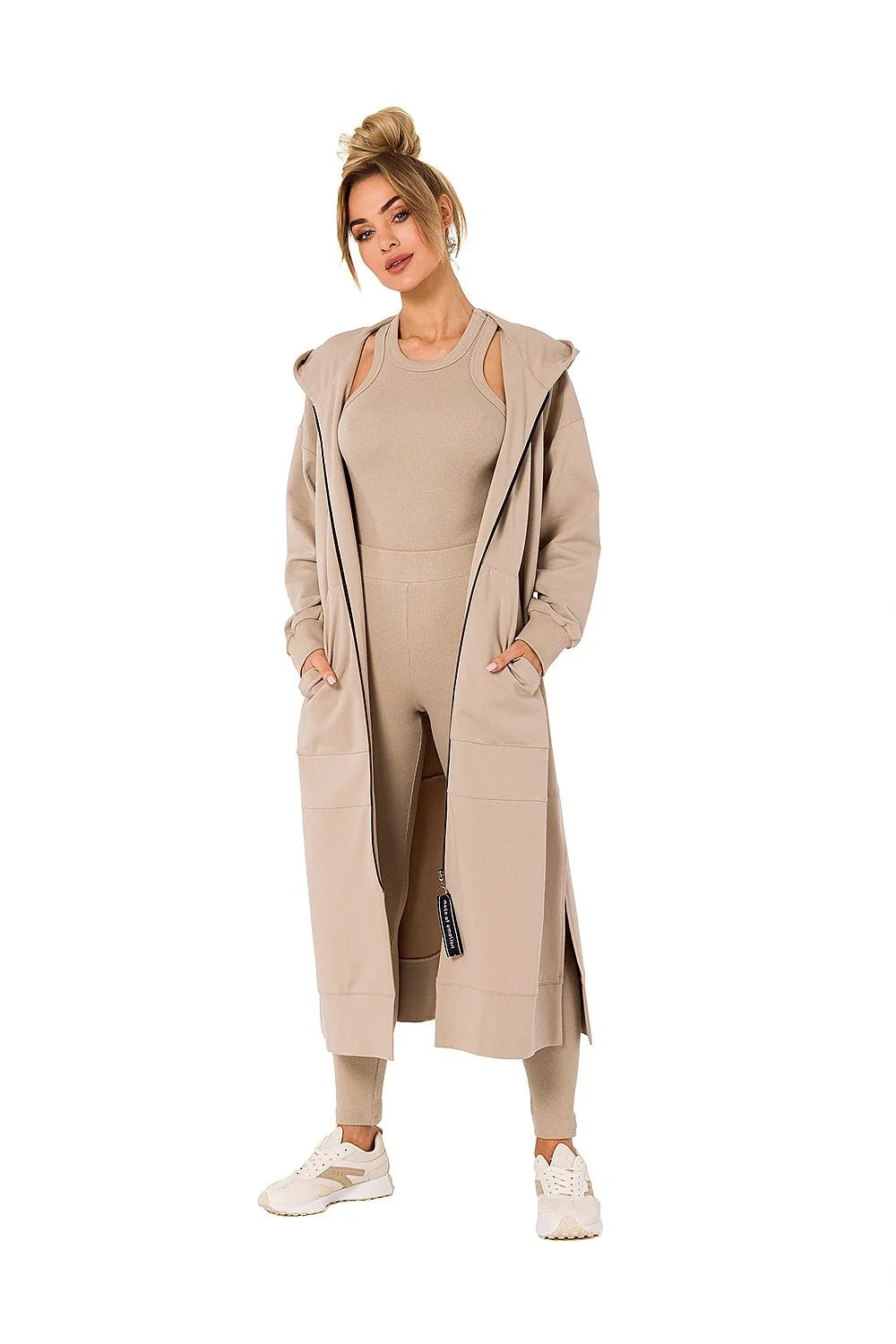 Sweatshirt longue femme hooded zippered poches casual moderne couleur vif vert vif coton élasthanne 90% 10%