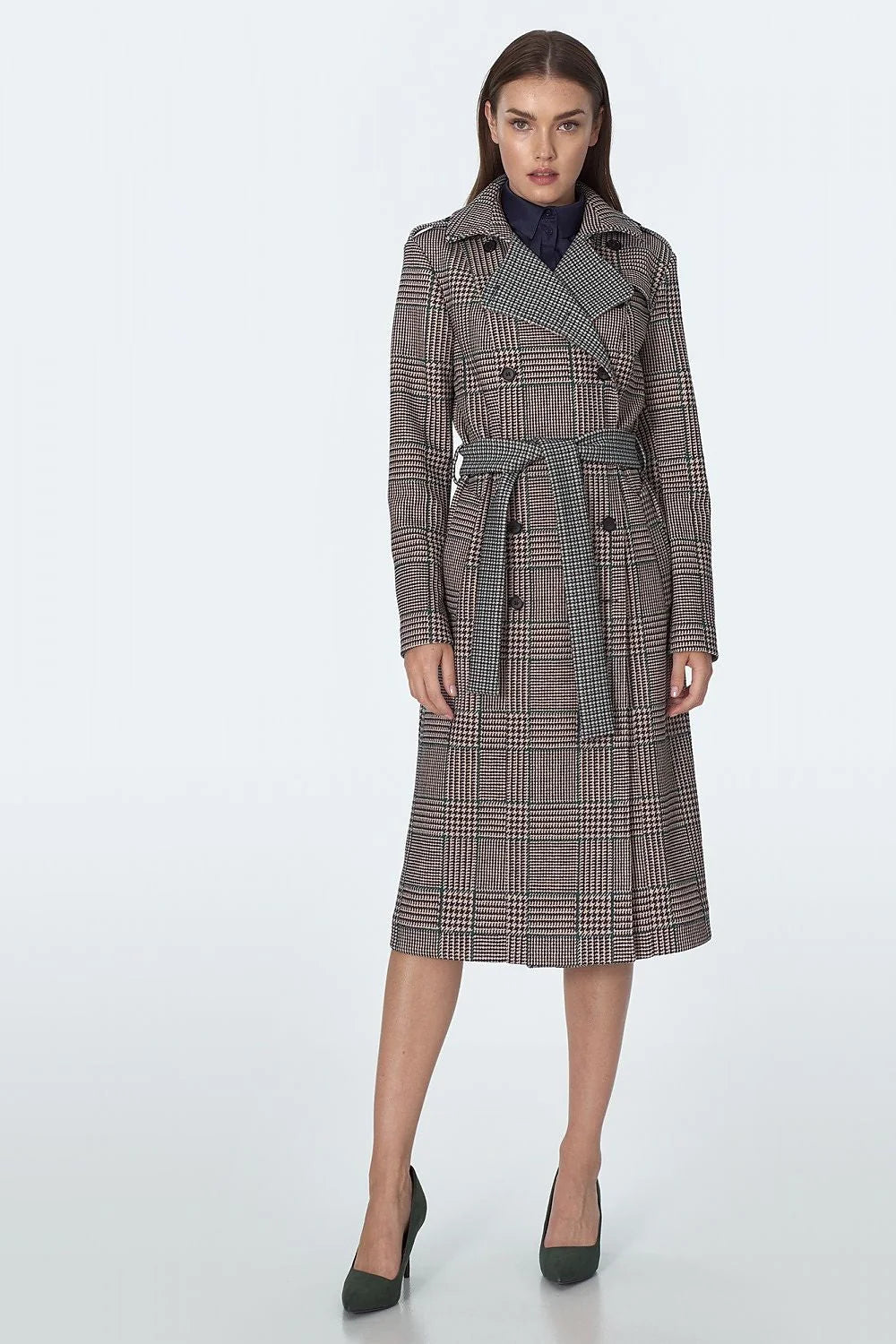 Manteau long carreaux Prince de Galles en polyester spandex élégant chic hiver pour femmes 2020