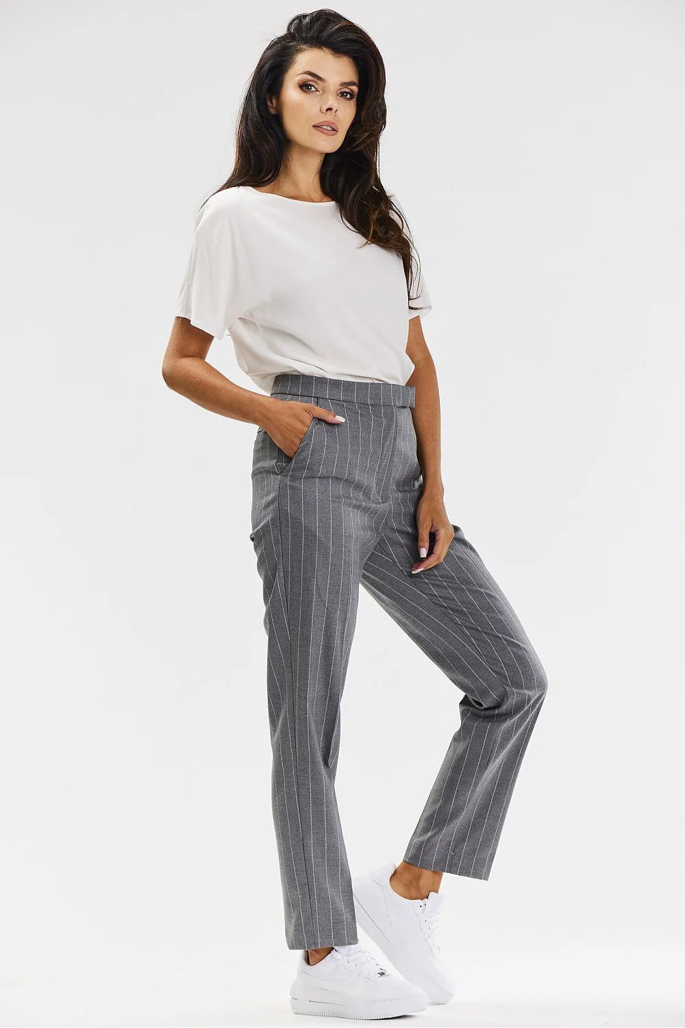 Pantalon cigarette femme Awama rayures gris-blanc coupe ajustée hauteur taille intégrée occasion formelle décontractée viscose haute qualité