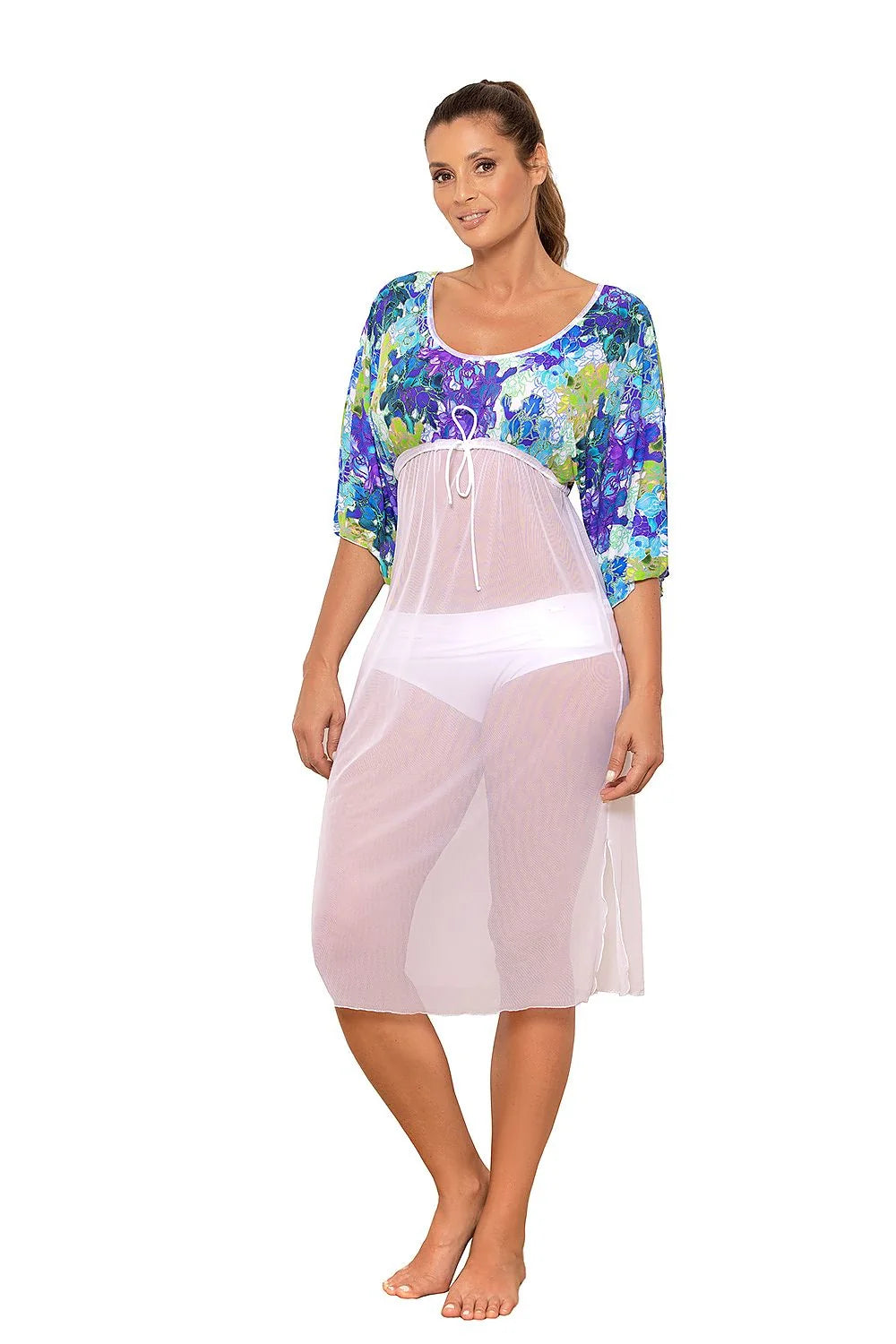 Robe de plage légère pour femme, design floral, manches chauve-souris, fente latérale, ajustement à la taille, tissu extensible, look estival, idéale pour la plage ou la piscine