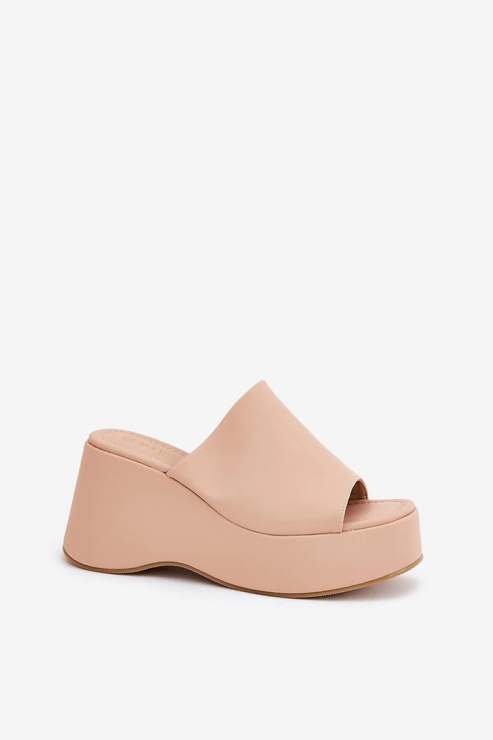 Mules compensées féminines design moderne élégant beige nude cuir artificiel semelle confortable plateforme talon ouvert style décontracté