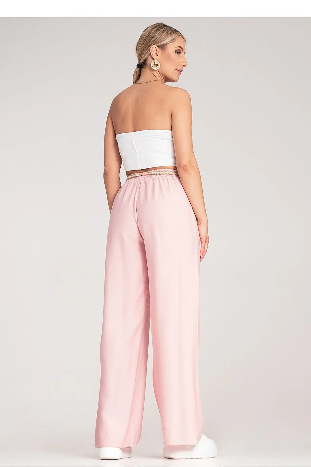 pantalon boho femme figl palazzo taille haute élastique ceinture tressée cordon doré viscose léger fluide jambes larges rose pastel