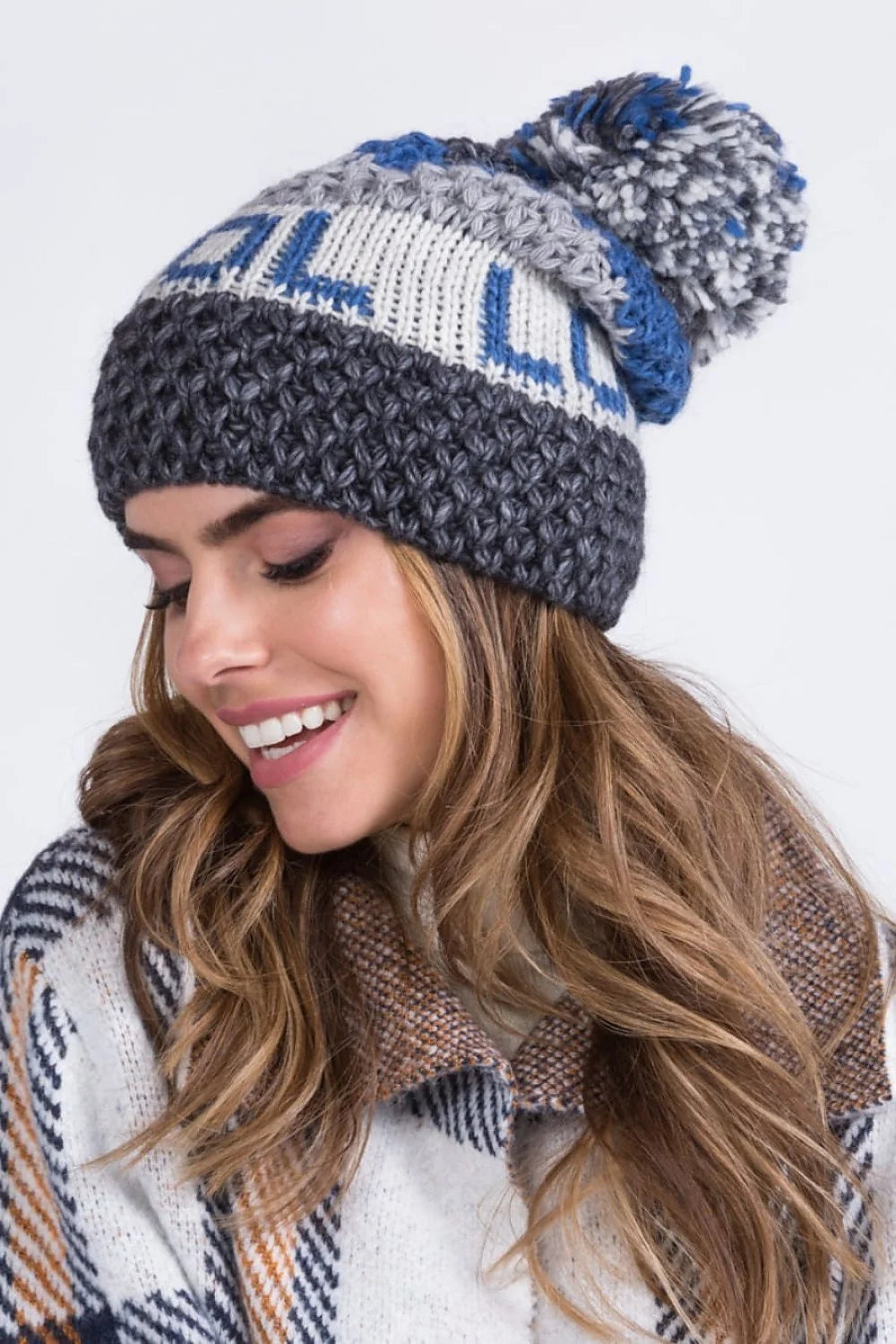 Bonnet en tricot pour femme élégant avec pompon volumineux, motifs géométriques, couleurs tendance, doux et chaud, idéal pour l'hiver