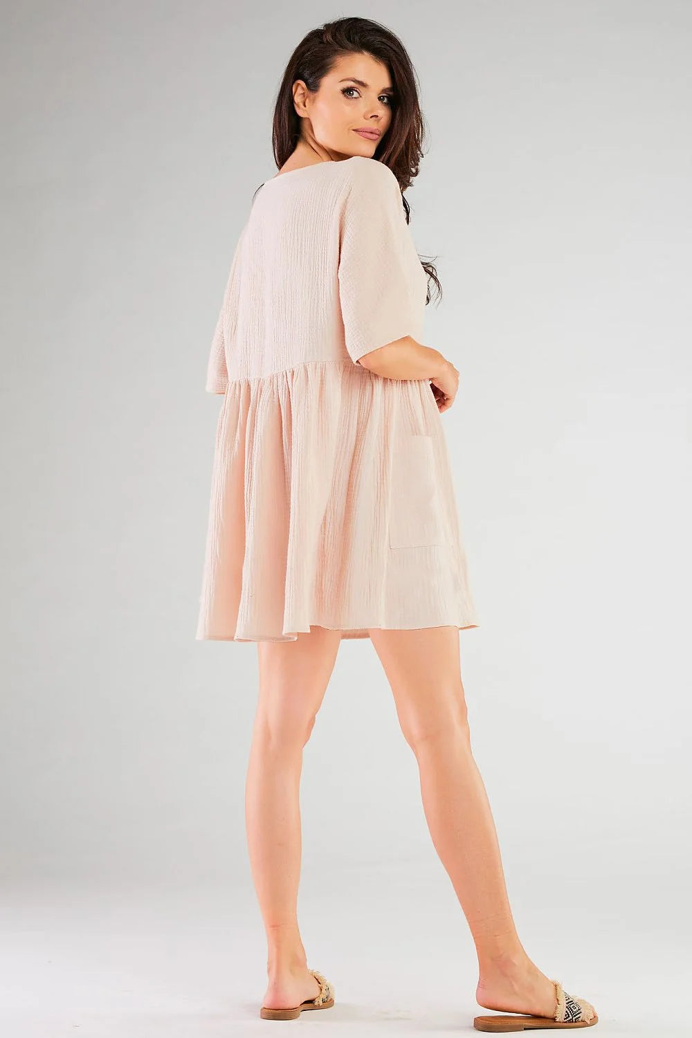 robe été féminine décontractée manches courtes col V boutons nacrés poches plaquées coupe ample empire double gaze légère respirante confortable