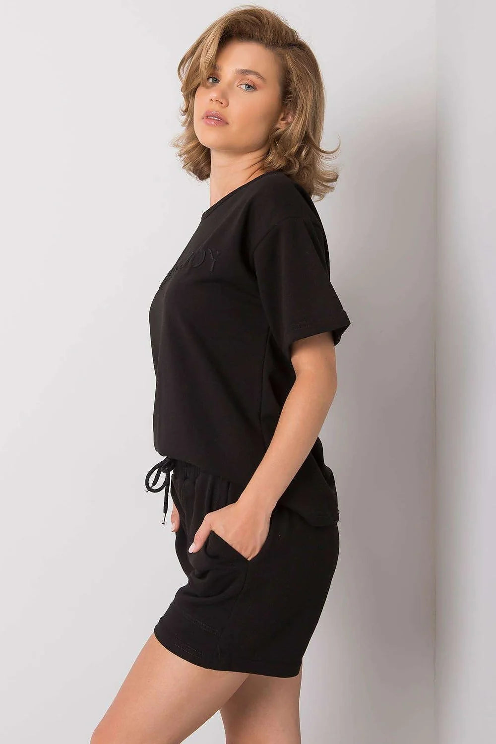 Ensemble été blouse et shorts femme coton polyester style urbain décontracté confortable coupe ample poches noire