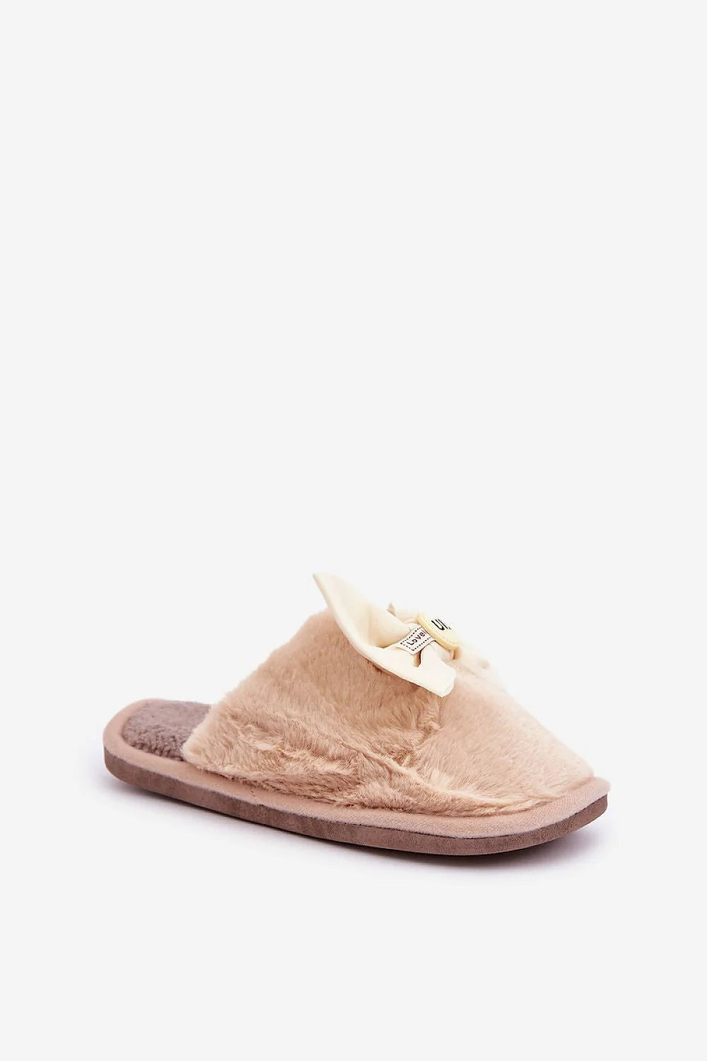 Pantoufles femmes confortables fourrure douce nœud élégant style intérieur mules beige