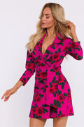 Robe portefeuille audacieuse imprimé floral roses rouges fuchsia ceinture ajustable décolleté V manches longues taille cintrée femme