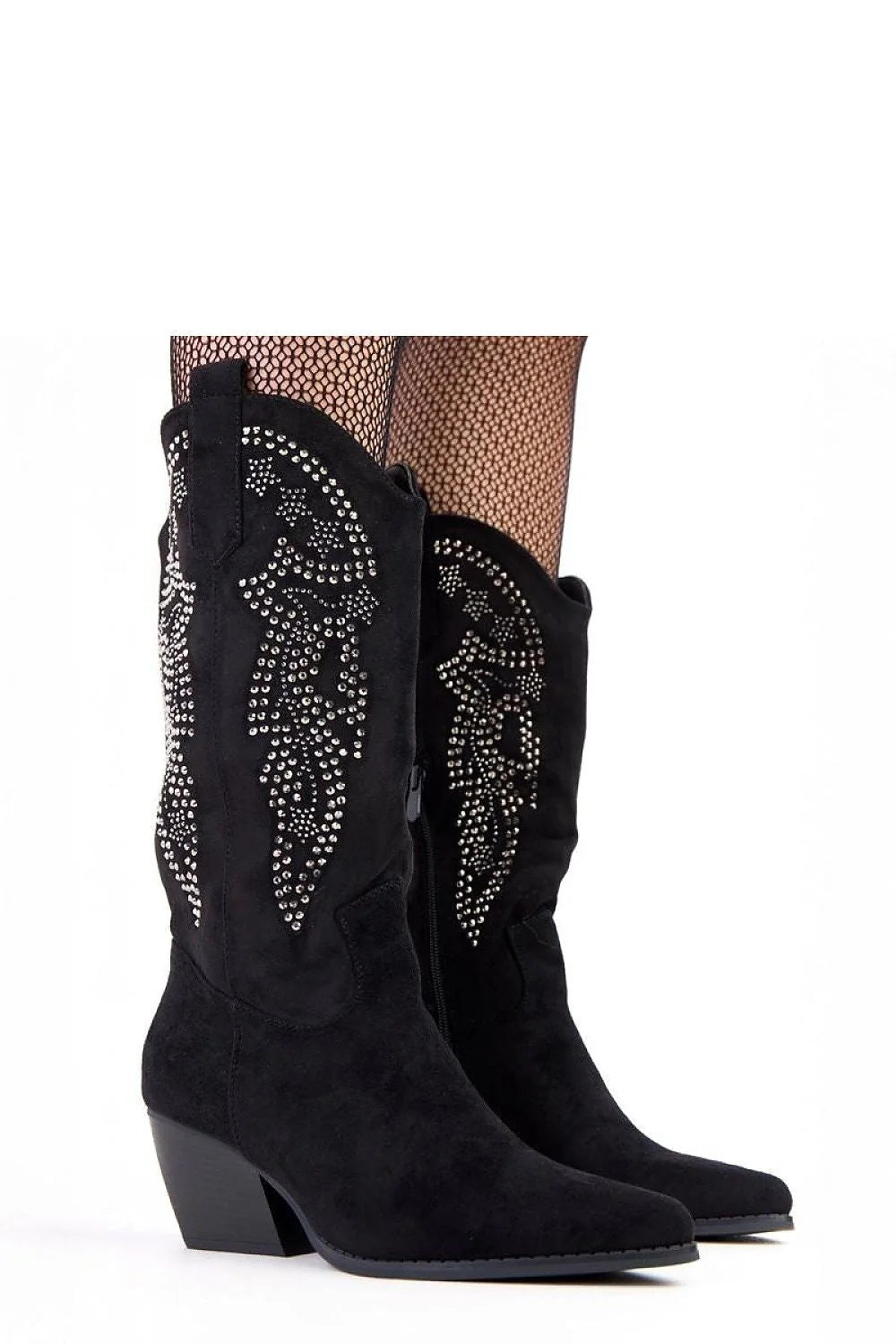 bottines cowboy femme suédé écologique noir mi mollet bout pointu talon cubain stable confortable fermeture zippée intérieure semelle zircons subtils
