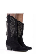 bottines cowboy femme suédé écologique noir mi mollet bout pointu talon cubain stable confortable fermeture zippée intérieure semelle zircons subtils