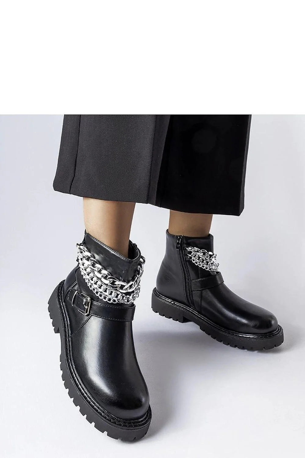 Bottines femmes style audacieux cuir noir chaînes métalliques boucle dorée fermeture éclair semelle épaisse