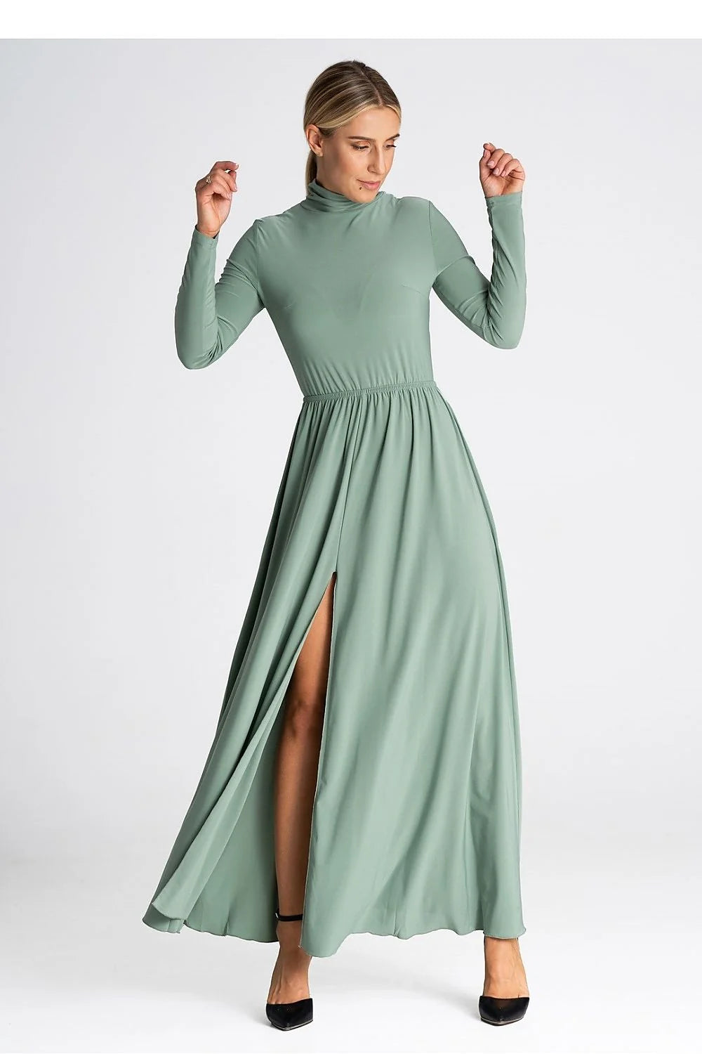 Robe de jour longue col roulé manches longues fendue taille élastiquée matière douce couleur verte femme