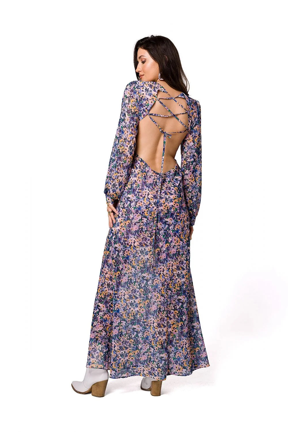 Robe de soirée Makover longue impression florale multicolore manches longues dos nu armature polyester femme