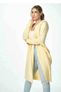 Cardigan long pour femme en tricot épais couleur jaune pâle style casual chic coupe loose capuche intégrée manches longues finitions côtelées