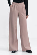 Pantalon femme long coupe ample haute taille large beige rosé fermeture éclair poches latérales polyester